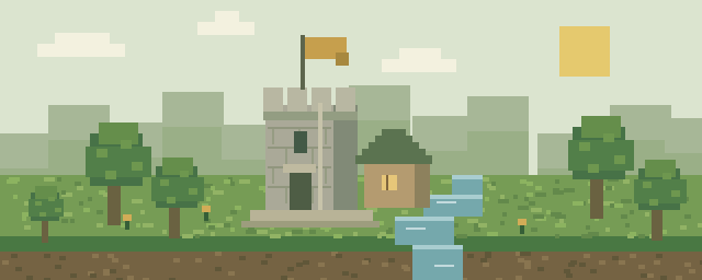 Paysage original en pixel art : une tour, des arbres et une rivière dans un monde de blocs